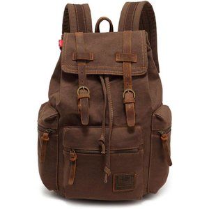 Vintage Canvas Backpack Leather Rucksack Knapsack Laptop Backpack Hiking Bag